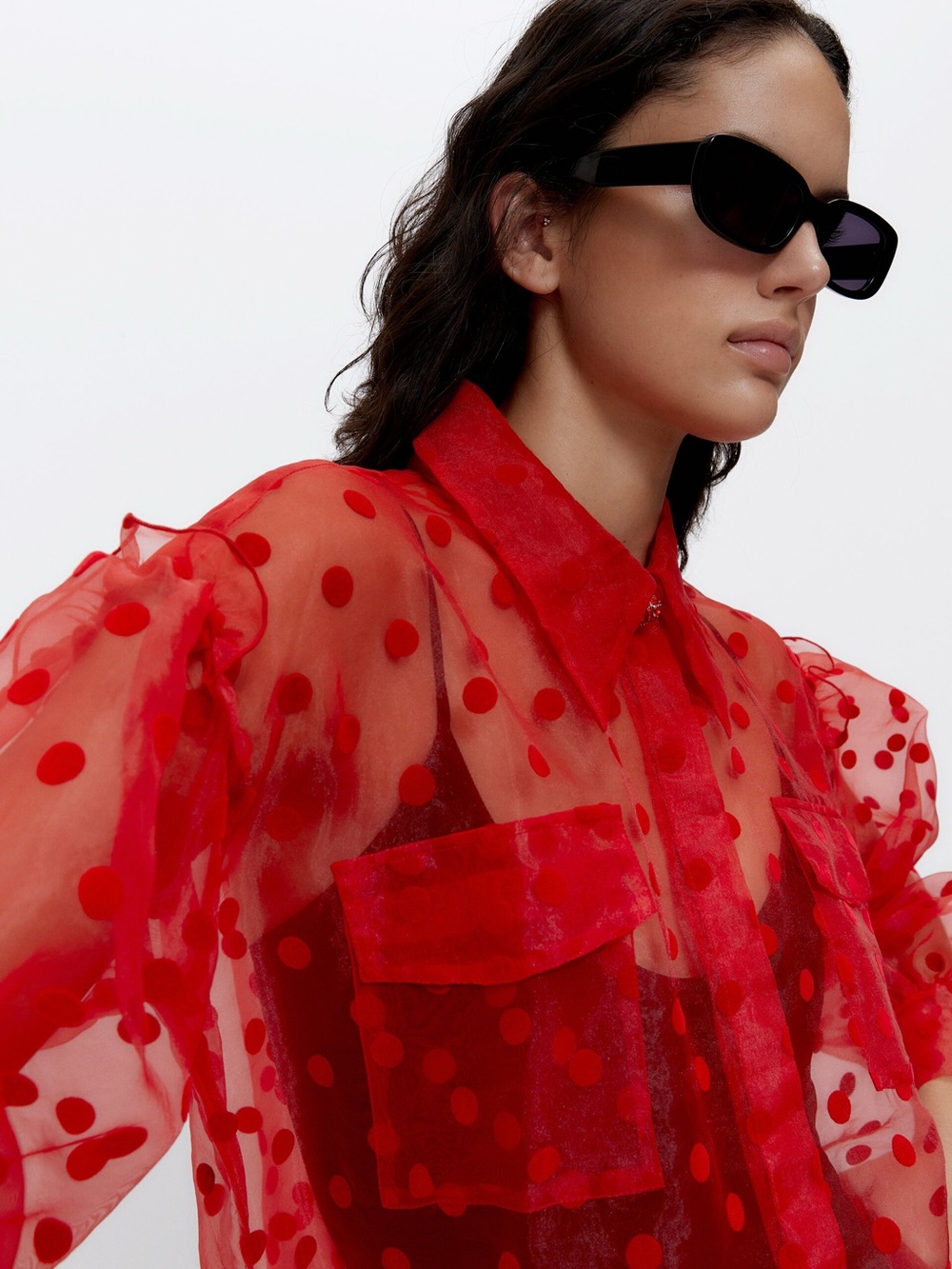 Uterque Red Sheer Polka Dot Blouse Jeweled Button NWOT